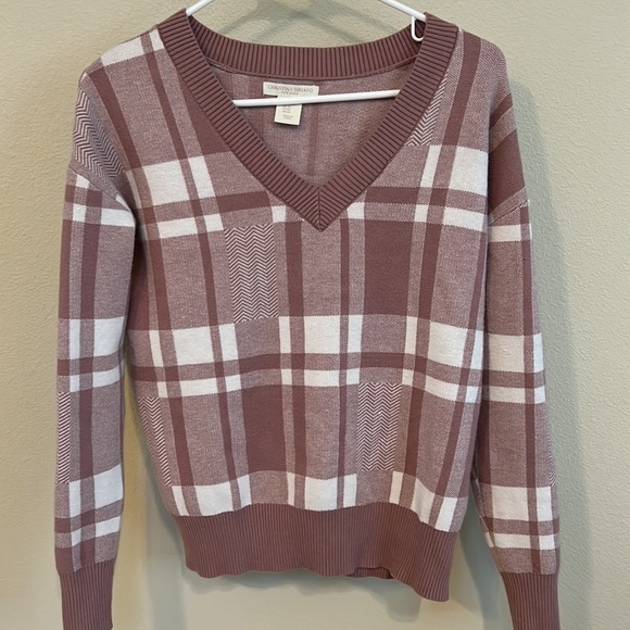Christian Siriano Sweater Womens XS Light Cream Tan V Neck Plaid Pullover - Picture 3 of 10